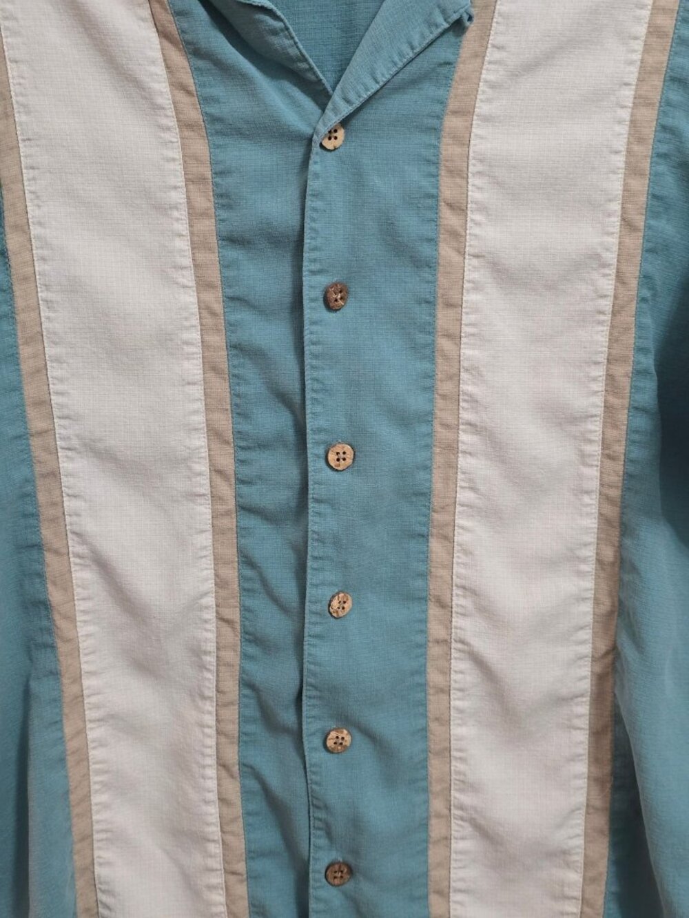 Mens Large Island Shores Teal & Beige Silk Button-Up Shirt Casual Beachwear Camp - Picture 2 of 8